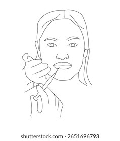 preenchimento labial. Desenho de linha contínua de beleza tiro em lábios. Seringa com luva para injeção de botox no lábio 