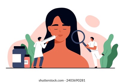 Lip filler injection concept. Doctor making an injection filler with hyaluronic acid of a woman 's lips. Lip enhancement cosmetic procedure. Appearance changes. Cartoon isolated vector illustration 