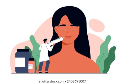 Concepto de inyección de llenado de labios. Doctor haciendo un relleno de inyección con ácido hialurónico de los labios de una mujer. Procedimiento cosmético de mejora de labios. Cambios de apariencia. Dibujo vectorial aislado de dibujos animados 