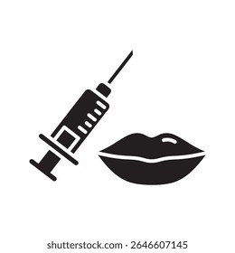 Ícone de injeção de enchimento labial com seringa e lábios para cirurgia estética procedimento de melhoria da beleza e dermatologia vetor de tratamento estético ícone de glifo sólido