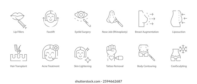 Lip Fillers, Facelift, Eyelid Surgery, Rhinoplasty, Breast Augmentation, Liposuction, Hair Transplant, Skin Lightening, and Tattoo Removal Vector Icon Set