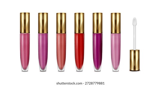 Lip gloss bottles set isolated on white background. Vector realistic illustration of pink, red, purple color lipstick mockup, transparent plastic or glass packages with applicator, beauty cosmetics