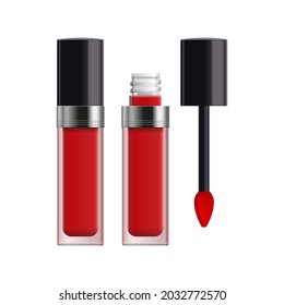 Lip gloss case template. Matt lip cream tube mock up. Plastic transparent 3d realistic vector packaging, opened and closed with black cap and applicator isolated on white background.