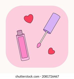 Lip Gloss cute cartoon illustration. Pink doodle icon of Lipstick. Vector container or tube. Korean beauty cosmetic product stuff sign.