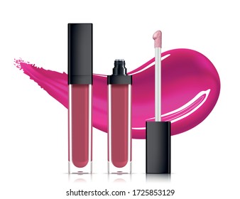 Lip gloss in elegant glass bottle with black lid, closed and open container with brush, isolated on white background. Liquid lipstick