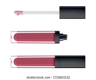 Lip gloss in elegant glass bottle with black lid, closed and open container with brush, isolated on white background. Liquid lipstick