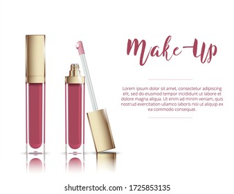 Lip gloss in elegant glass bottle with black lid, closed and open container with brush, isolated on white background. Liquid lipstick