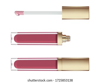 Lip gloss in elegant glass bottle with black lid, closed and open container with brush, isolated on white background. Liquid lipstick