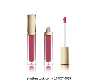 Lip gloss in elegant glass bottle with black lid, closed and open container with brush, isolated on white background. Liquid lipstick