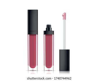 Lip gloss in elegant glass bottle with black lid, closed and open container with brush, isolated on white background. Liquid lipstick