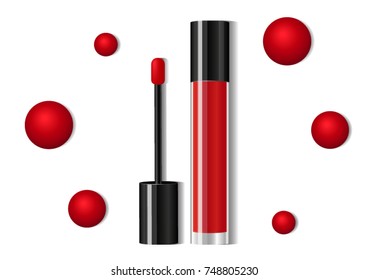 Lip gloss in glass bottle isolated on white. Liquid lipstick. 