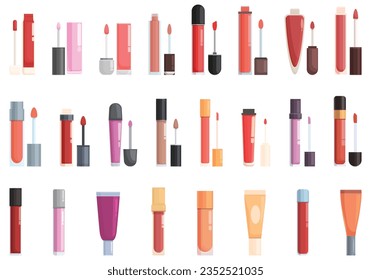 Lip Gloss Icons Set Cartoon Vektorgrafik. Flüssiges Make-up. Tube-Glanz