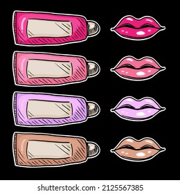 brillo de labios y variación de color de labios ilustración vectorial en fondo negro