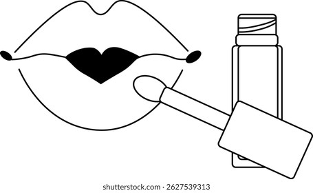 Lip gloss with lips kiss composition. Vector graphic line illustration. Black and white cute cosmetic makeup art. for banners, cards, flyers, social media wallpapers, etc.
