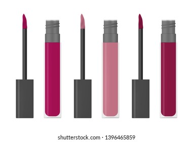 Lip Gloss Or Liquid Lipstick - Clear Tube And Screw Cap With Applicator, Vector Illustration. Beauty Product Packaging.