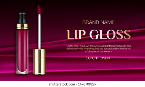 Lip gloss, liquid lipstick cosmetics make up beauty product mockup banner. Burgundy or dark pink tube with gold cap on silk draped fabric background. Luxury promo poster template, realistic 3d vector