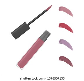 Lip gloss or liquid lipstick open vial with product smears color shade palette isolated on white background, vector illustration.