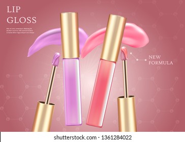 Lip Gloss, New Formula Horizontal Banner with Copy Space. Glamorous Set of Tubes with Pink and Purple Lipstick on Gradient Background. Mockup for Design, Template. 3D Realistic Vector Illustration.