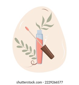 Lip gloss on the background of green leaves. vector illustration