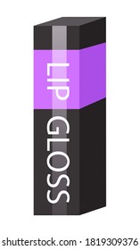 Lip gloss package isolated at white. 3d icon with black and violet colors and text. Cosmetics concept. Tool or instrument, equipment for visagiste. Packaging design of lip gloss. Simple icon