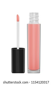 Lip Gloss Pink With Brush, Mockup For Design, Vector Illustration.