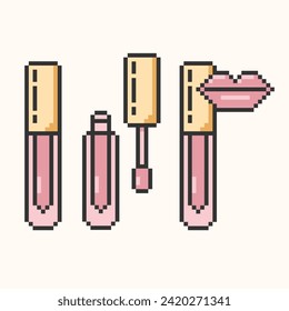 Lip gloss pixel art icon. Set of separate tube and brush. Closed, Opened Lip Gloss, Lipstick Package.Lips makeup and cosmetology vector icon.vector illustration eps10. 