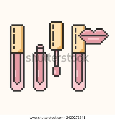 Lip gloss pixel art icon. Set of separate tube and brush. Closed, Opened Lip Gloss, Lipstick Package.Lips makeup and cosmetology vector icon.vector illustration eps10. 