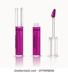 Lip gloss purple isolated on white. Plastic Transparent Bottle, Design Template, Mockup. Front View. Vector illustration.