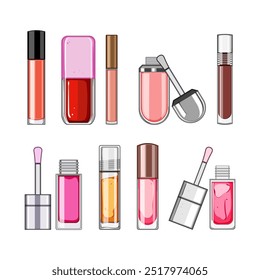 Lipgloss Set Cartoon. rein hydratisierende, vegane Grausamkeit, freies langes Lippenglanzzeichen. einzelne Symbol, Vektorgrafik