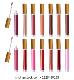 Lip gloss set, pack lipstick, gold cap. A set of insulated vector illustrations in flat style. Glass container. Plastic transparent bottle design template, layout.