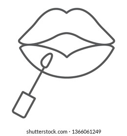 Lip gloss thin line icon, makeup and cosmetic, painting lips sign, vector graphics, a linear pattern on a white background, eps 10.