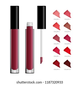 Lip gloss tube template. Lip cream plastic transparent 3d realistic vector packaging, opened and closed with black cap isolated on white background. Lipstick color swatch set.