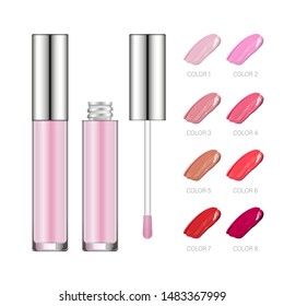 Lip gloss tube template. Lip cream plastic transparent 3d realistic vector packaging, opened and closed with silver cap isolated on white background. Lipstick color swatch set.