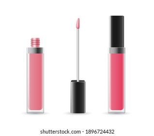 Lip gloss tube template. Lip cream in plastic transparent bottle with black cap isolated on white background. 3d realistic opened and closed gloss lipstick. Vector illustration