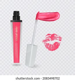 Lip gloss tube template. Lip cream plastic transparent 3d realistic vector packaging isolated on white background. Lipstick color swatch set, vector illustration