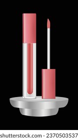 Lip gloss tube template. Lip cream plastic transparent bottle with rose gold cap isolated on black background. 3d realistic vector packaging. illustration EPS 10.