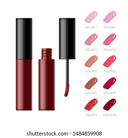 Lip gloss tube template. Vector 3d realistic lip balm blank plastic container with black cap. Makeup lip product solid packaging opened and closed, isolated. Liquid lipstick color swatch set.