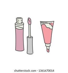 Lip gloss tubes set, vector illustration collection of lipstick tint tubes different shapes of liquid make-up with sponge brush cosmetic package isolated on white