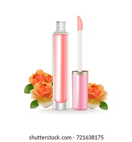 Lip gloss Vector realistic. 3d package. Beauty cosmetics Container product. Vector illustration roses details isolated on white background