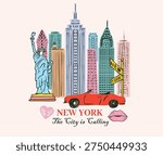 Lip, heart, car vector design. New York city hand sketch design for t shirt, poster, sticker and others. Summer vibes graphic design.