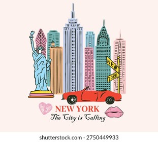 Lip, heart, car vector design. New York city hand sketch design for t shirt, poster, sticker and others. Summer vibes graphic design.
