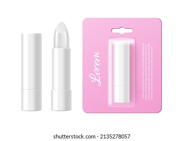 Lip hygienic cosmetic balm tube and blister packaging mockup, realistic vector illustration isolated on white background. Lip balm container template.