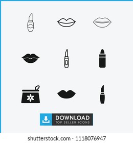 Lip icon. collection of 9 lip filled and outline icons such as lipstick, lips, make up bag. editable lip icons for web and mobile.