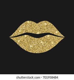 Lip icon with glitter effect, isolated on black background. Outline icon of mouth, vector pictogram. Symbol of kiss from golden particles dust.