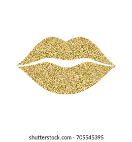 Lip icon with glitter effect, isolated on white background. Outline icon of mouth, vector pictogram. Symbol of kiss from golden particles dust.