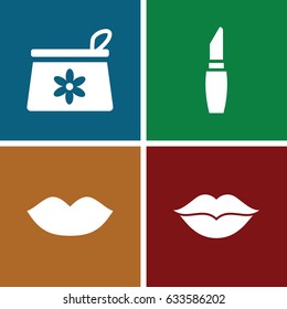 Lip icons set. set of 4 lip filled icons such as lips, make up bag, lipstick