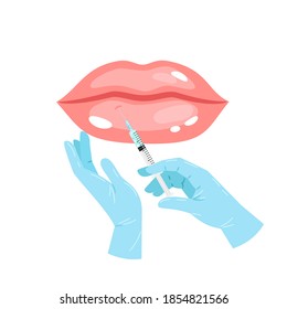 Lip injection. Cartoon pink aesthetic beautiful lips, medical plastic syringe with cosmetic injection, vector illustration concept of dermatology and cosmetology treatment