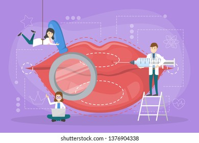 Lip injection concept. Doctor make lip augmentation. Idea of face beauty and aging. Vector illustration in cartoon style