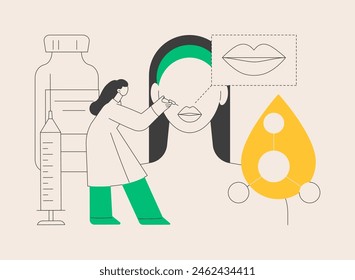 Ilustración vectorial abstracta del concepto de las inyecciones del labio. Procedimiento cosmético de relleno, método de labios regordetes, ácido hialurónico, mejorar la apariencia, inyección de plástico facial, metáfora abstracta de toxina botulínica.