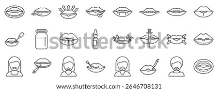  Lip injections icons set. Set of linear icons representing lip augmentation, showcasing various techniques and tools used in cosmetic procedures for achieving fuller and more defined lips
